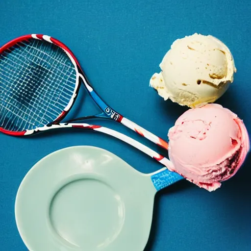 Image similar to three cups of ice cream next to a tennis racket, a stock photo by pia fries, trending on pinterest, lyco art, y 2 k aesthetic, vaporwave, aesthetic