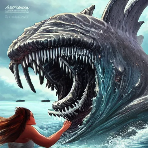 Prompt: giant leviathan sea monster coming out of the water attacking a boat, artgerm, realistic, scary, night, lightning