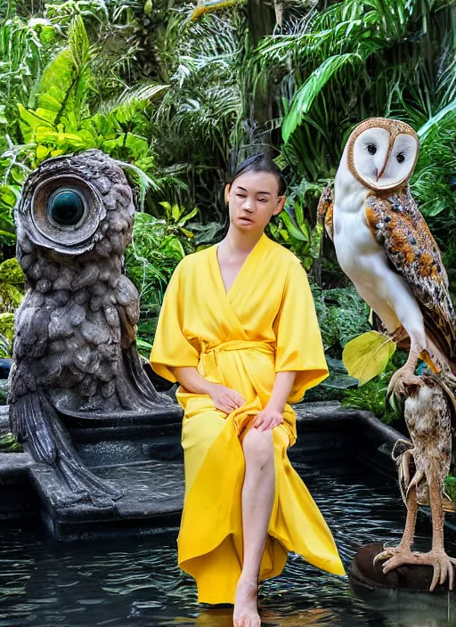 Image similar to head to shoulder portrait film photograph of an elegant top model wearing a yellow kimono with a very detailed barn owl on her shoulder!!! in a tropical greenhouse. looking at the camera!!. slight smile. super resolution. Extremely detailed. sitting inside a fountain. by Jody Rogac.