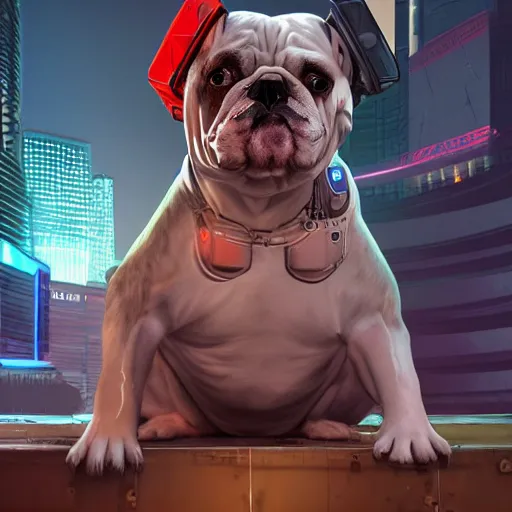 Prompt: « a 2 d cartoon cyborg bulldog sitting down, cyberpunk digital art by greg rutkowsky, cgsociety, 2 d art, cartoon, future tech, sketchfab »