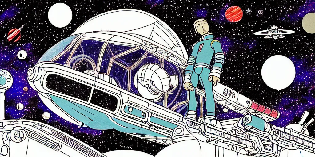 Prompt: traditional drawn colorful animation a symmetrical portrait of lonely single Takeshi Kitano alone pilot in posing comet tail in robot platform deck wheelhouse spaceship station planet captain bridge outer worlds robots extraterrestrial hyper contrast well drawn Metal Hurlant Pilote and Pif in Jean Henri Gaston Giraud animation film The Masters of Time FANTASTIC PLANET La planète sauvage animation by René Laloux