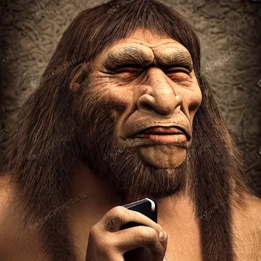 Image similar to neanderthal with a smartphone, realistic, history, old, rustic