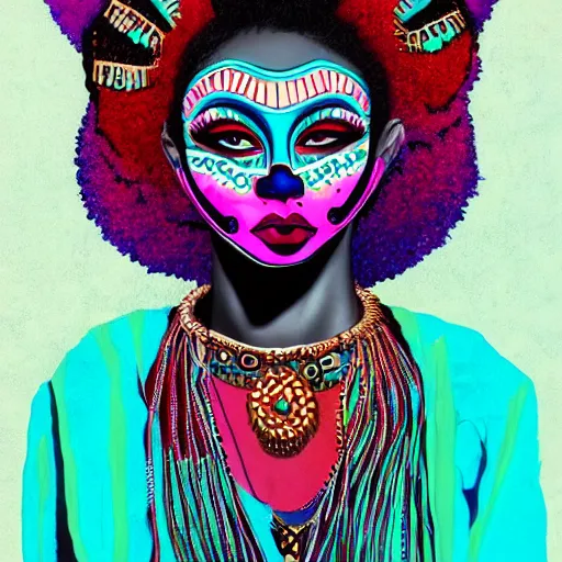 Image similar to Art in the style of Harumi Hironaka, Georgia Anne Muldrow, VWETO II, album art, 1970s, turquoise, side portrait, tribal mask inside mask, animalia, afro-psychedelia, afrocentric mysticism