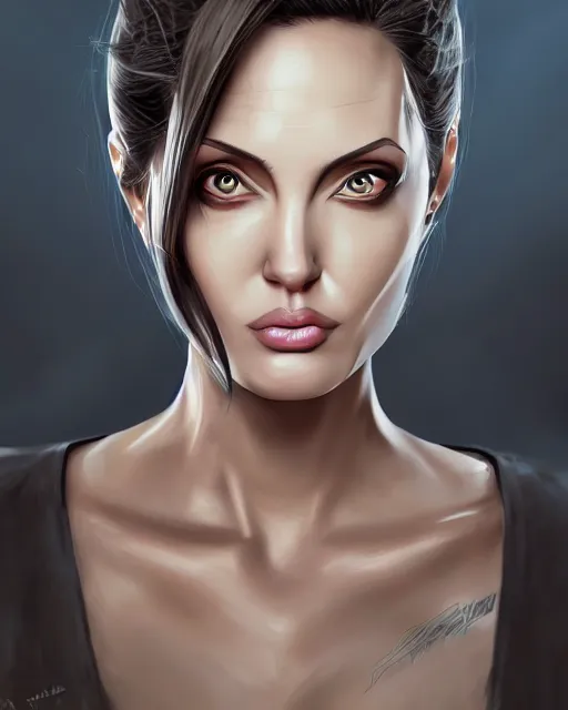 Image similar to capcom character, anime portrait of angelina jolie, highly detailed, digital painting, artstation, character, concept art, smooth