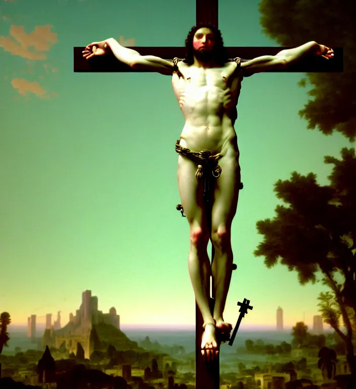 Prompt: detailed professional Renaissance photo of a cyborg-robotic-human crucified on the cross in a virtual reality vaporwave by Raphael Santi, William-Adolphe Bouguereau . still from a 2021 movie by Terrence Malick and Gaspar Noe, , 8k, photo, octane render