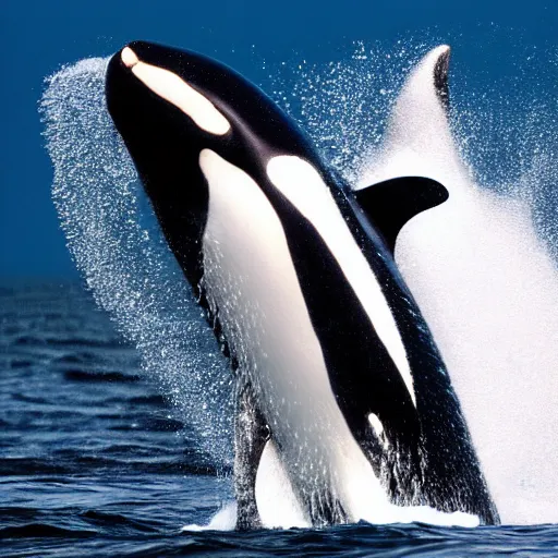 Image similar to killer whale orca jumps over stormy ocean waves. realistic photo.