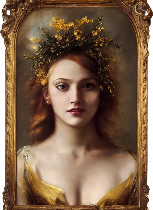 Prompt: beautiful rugged sultry thick young woman, blonde hair, wearing gold armour, posing seductive, smiling, ornate wreath, oil painting by titian, hard focus, portrait