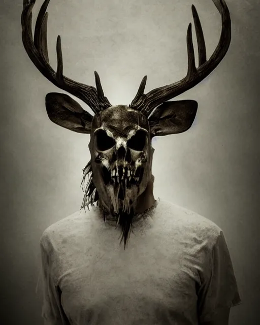 Prompt: deer - skull ghost - spirit of the grim - warpaint wears the scarlet skull armor and native blood headdress antlers, midnight fog - mist!, cinematic lighting, various refining methods, micro macro autofocus, ultra definition, award winning photo, photograph by ghostwave - gammell - giger - shadowlord