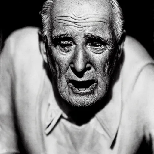 Prompt: a photo of a old man crying with glowing white eyes, photo by george hurrell