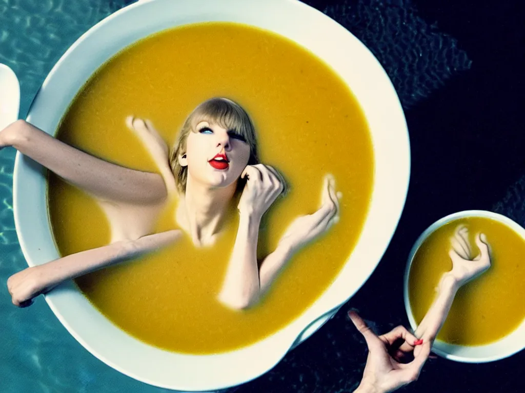 Prompt: taylor swift swimming in a bowl of soup