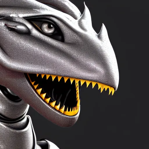 Image similar to close up bust of a cute stunning robot anthropomorphic female dragon, with sleek silver armor, a black OLED visor over the eyes, looking at the camera, her dragon maw open in front of the camera, camera looking down into the detailed living maw, about to consume you, on the beach at sunset, highly detailed digital art, furry art, anthro art, sci fi, warframe art, destiny art, high quality, 3D realistic, mawshot, dragon art, Furaffinity, Deviantart