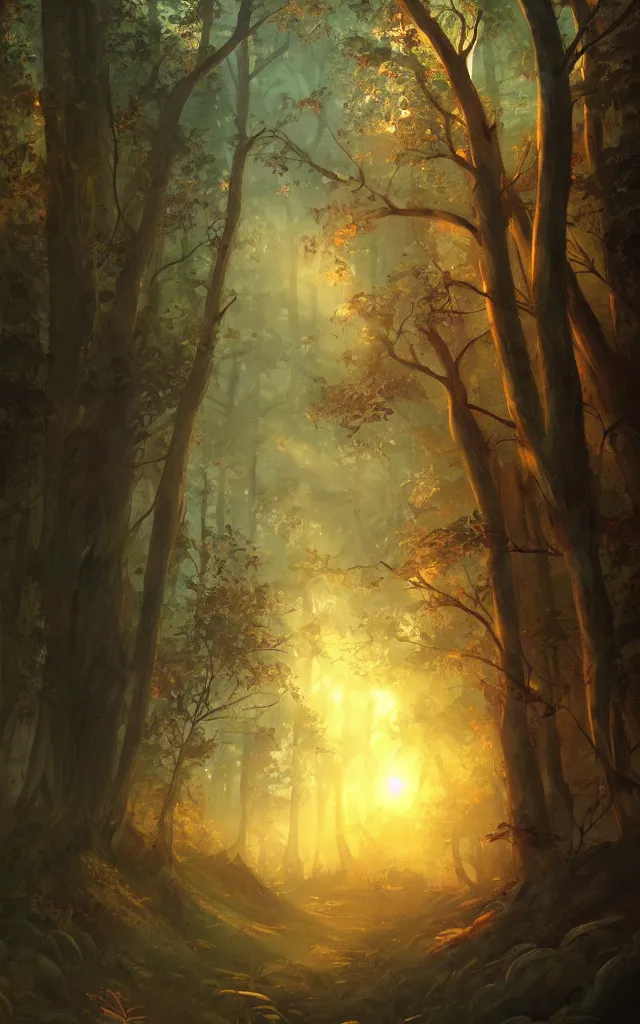 Prompt: sunset in the forest, by charlie bowater