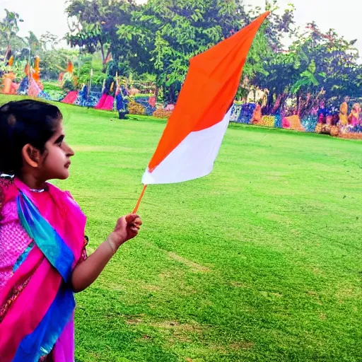 Prompt: isha jain flying kite with indian flag on it