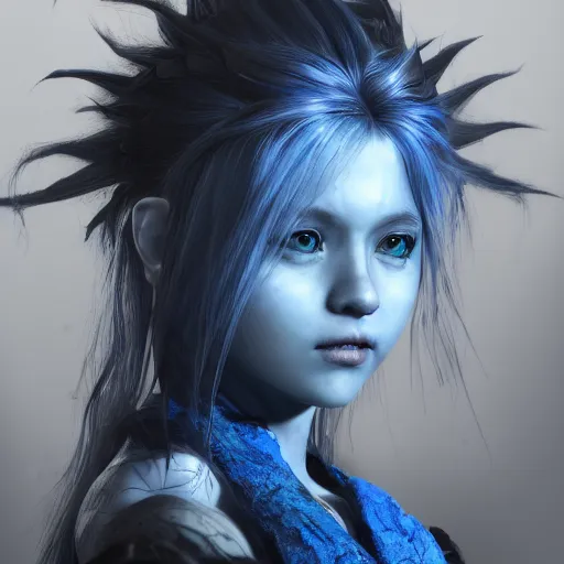 Image similar to portrait of young girl half dragon half human , dragon skin, dragon eyes, dragon crown, blue hair, long hair, highly detailed 3D render, 8k, rpg concept art character, jrpg character, manga, anime, video game character, concept art, by Yoshitaka Amano and David lynch