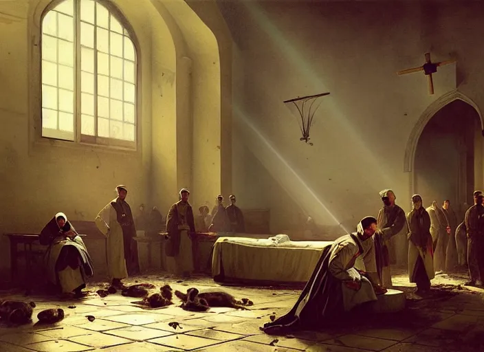 Prompt: 1 8 5 4 crimea, florence nightingale, army hospital in scutari, overcrowded, filthy, blocked drains, broken toilets, rats, crepuscular rays, wounded soldiers, sleep dirty floor, grimy walls, finely detailed perfect art, painted by greg rutkowski mengo yokoyari