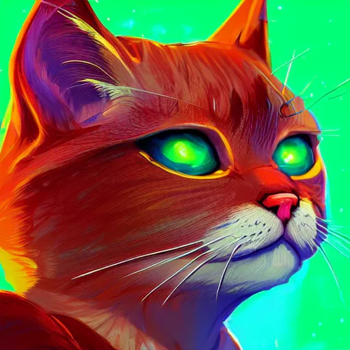 Prompt: close up of furious teemo from league of legends as a red american shorthair cat, vivid color, neon color, intricate detail, digital painting, particles floating, whimsical background by marc simonetti, artwork by ross tran + ramond swanland + liam wong