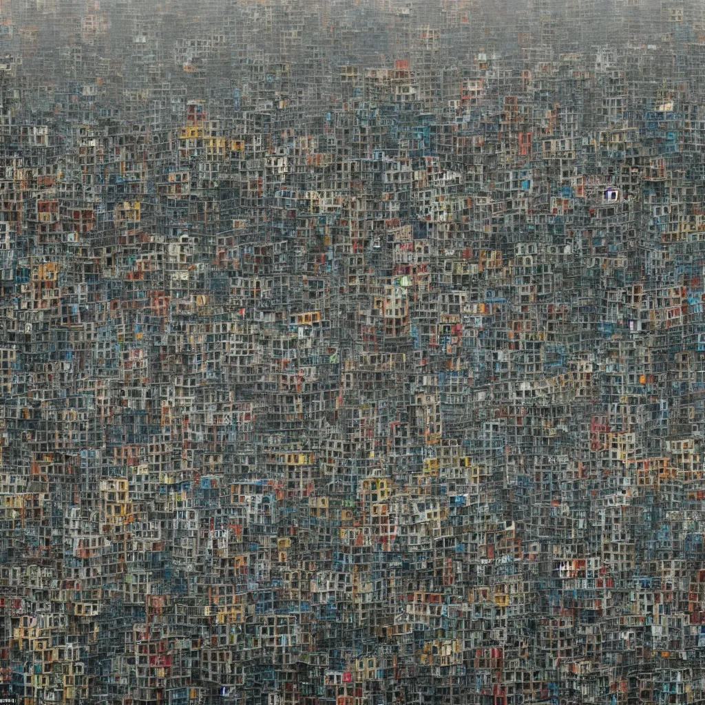 Image similar to close - up view of a tower made up of makeshift squatter shacks with faded colours, moody cloudy sky, uneven fog, dystopia, mamiya, fully frontal view, very detailed, photographed by andreas gursky