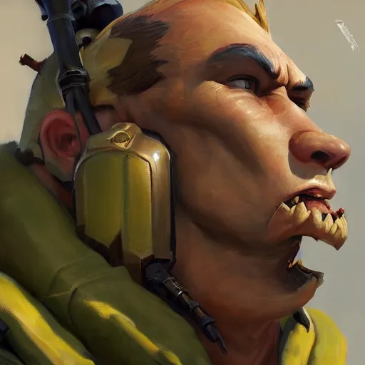 Image similar to greg manchess close - up portrait painting of a handsome male dieselpunk orc with olive green skin as an overwatch character, medium shot, asymmetrical, profile picture, organic painting, sunny day, matte painting, bold shapes, hard edges, street art, trending on artstation, by huang guangjian and gil elvgren and sachin teng