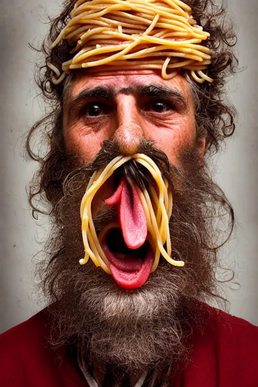 Image similar to extremely detailed portrait of old italian cook, spaghetti mustache, slurping spaghetti, spaghetti in the nostrils, spaghetti hair, spaghetti beard, huge surprised eyes, shocked expression, scarf made from spaghetti, full frame, award winning photo by eric lafforgue