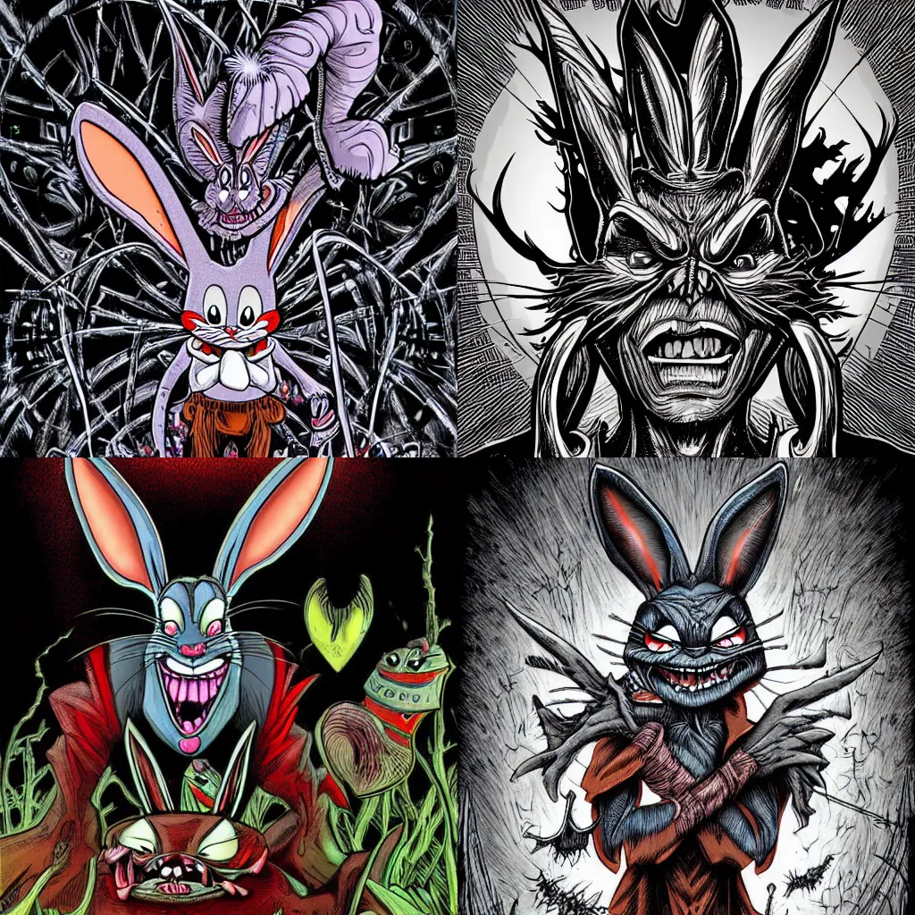 Image similar to demonic bugs bunny, epic, creepy, scary, moody, highly detailed, gorgeous, stunning, full colour digital art by Todd McFarlane