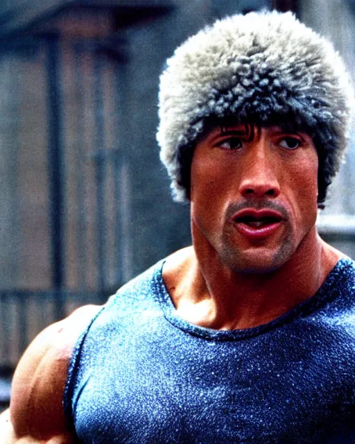 Image similar to Film still close-up shot of Dwayne Johnson as Rocky Balboa from the movie Rocky. Photographic, photography