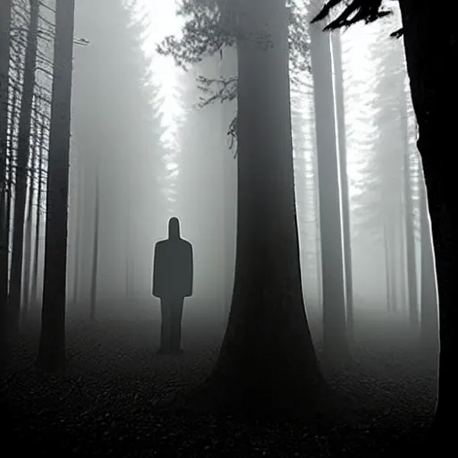 Image similar to shadow people in forest, staring at camera glowing white eyes, black and white, foggy, grainy, very old, creepy, eerie, unsettling