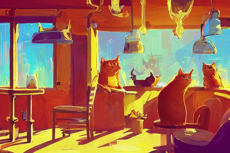Prompt: a digital art of a cat sits on a chair in a bar in the afternoon, the sun shines in, animal, light effect, highly detailed, warm and delightful, by anton fadeev