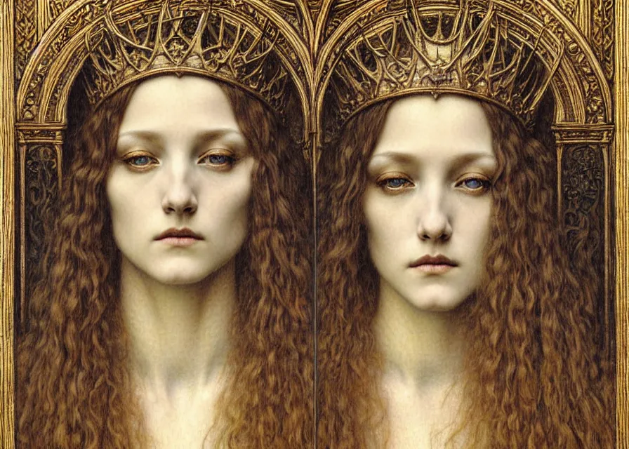 Image similar to detailed realistic beautiful young medieval queen face portrait by jean delville, gustave dore and marco mazzoni, art nouveau, symbolist, visionary, gothic, pre - raphaelite. horizontal symmetry