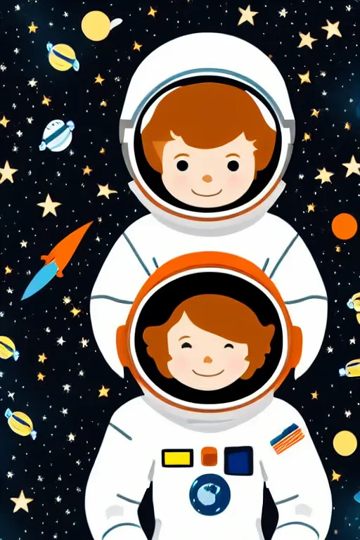 Image similar to a little boy with ginger hair floating in space. he is an astronaut wearing a space suit. clean elegant simple illustration, beautiful detailed face.