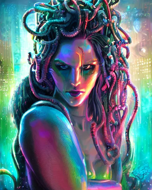 Image similar to a cyberpunk close up portrait of evil cyborg medusa, electricity, rainbow, snakes in hair, sparks, bokeh, soft focus, sparkling, glisten, water drops, cold, dark, geometric, temples behind her, by paul lehr, jesper ejsing