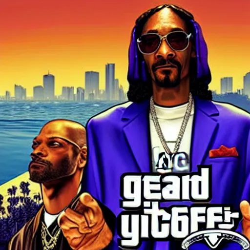 Prompt: snoop dogg as gta 5 cover art