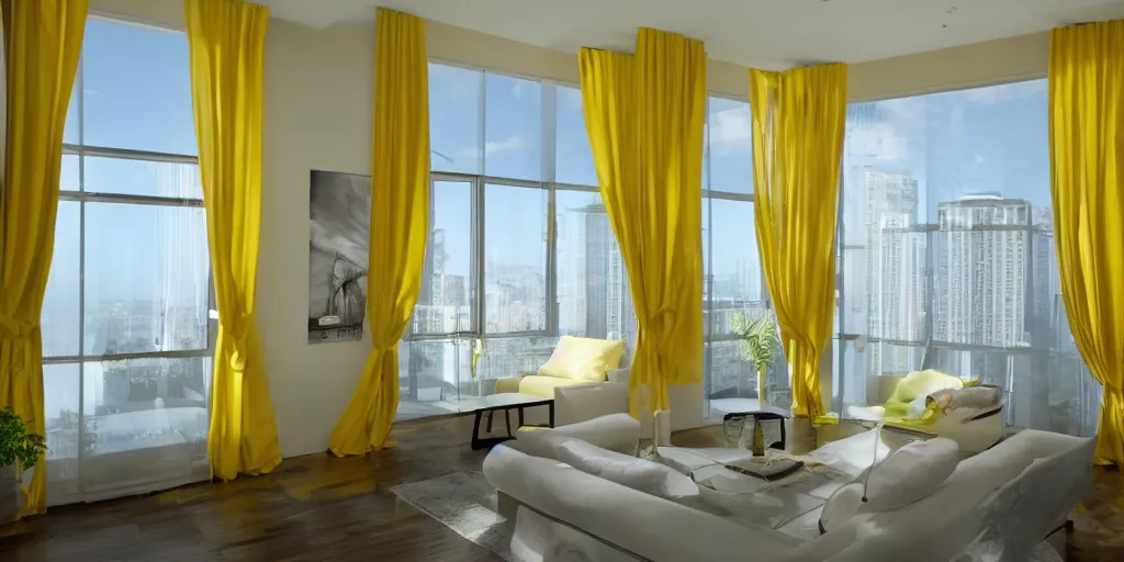 Prompt: colour 3 5 mm, 8 k, empty small penthouse interior, open floor, big windows, long yellow curtains, beautiful wall paper, stucco,