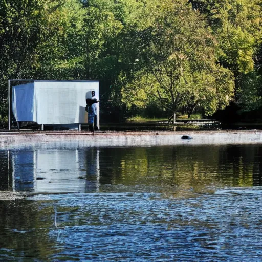 Image similar to a man fishing into a river with trees and a sci - fi containment building in the background, a sense of hope and optimism, monumental, harsh sunlight