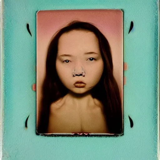 Prompt: a porcelain portrait of a girl face melt down like an ice cream, realistic detailed photography polaroid