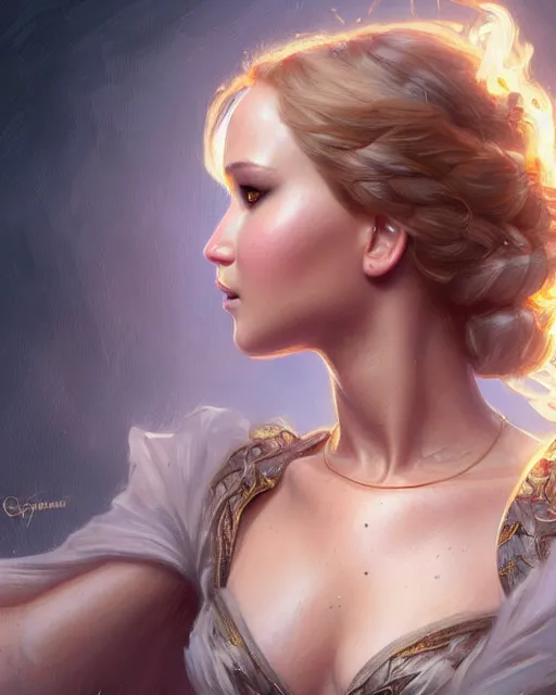 Image similar to Jennifer Lawrence, closeup, D&D, fantasy, intricate, elegant, highly detailed, digital painting, artstation, concept art, matte, sharp focus, illustration, hearthstone, art by Artgerm and Greg Rutkowski and Alphonse Mucha