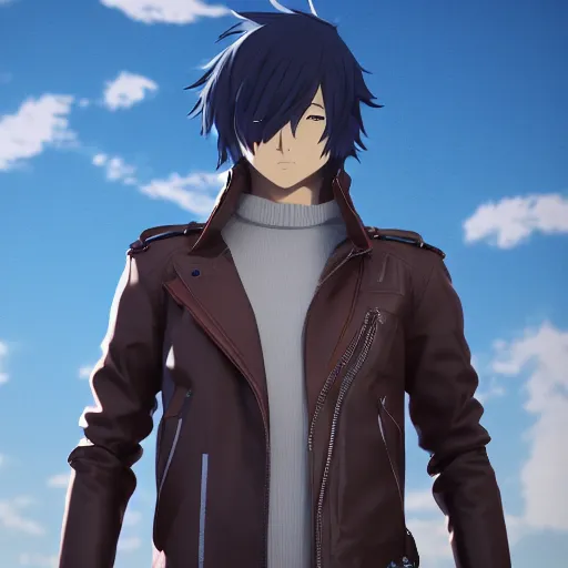 Image similar to an epic anime of a man energy, leather jacket, leather gloves, ghibli, unreal 5, octane render, rpg portrait, dynamic lighting, epic, epic anime, 2 d