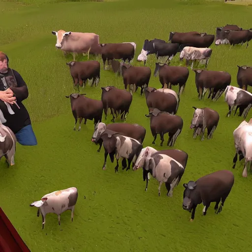 Prompt: Gabe Newell is milking the cows on his farm, source engine