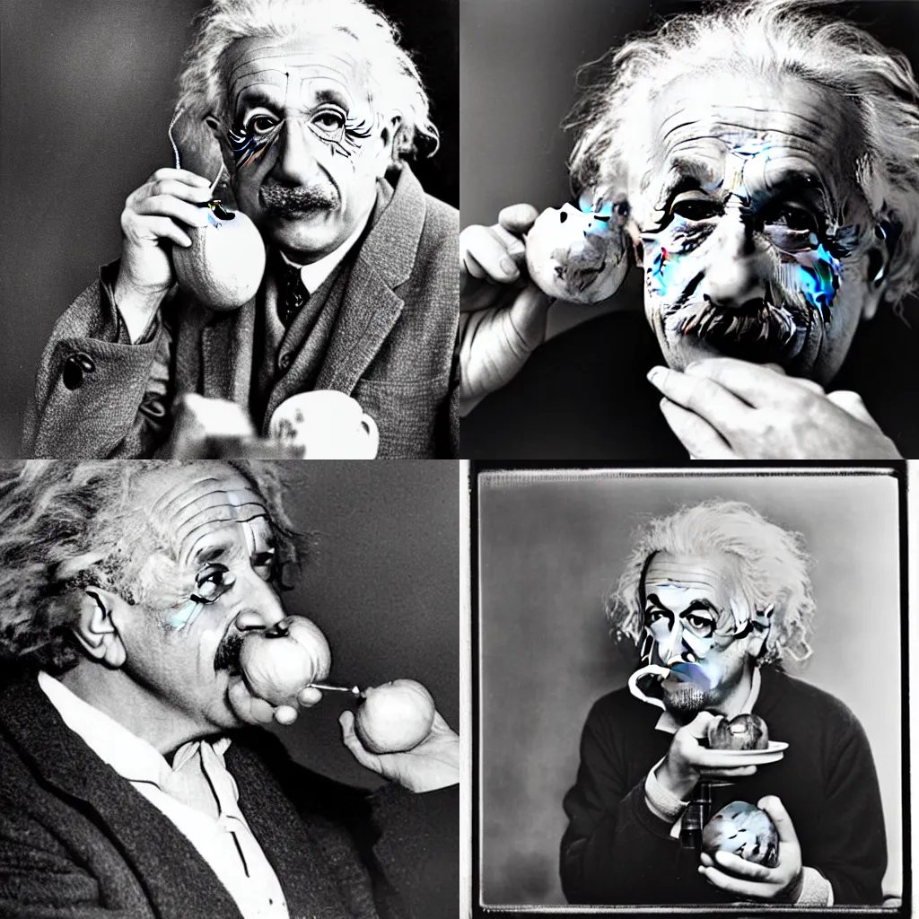 Prompt: Albert Einstein eating an apple, photograph