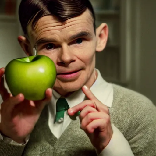 Image similar to alan turing eating a green apple realistic cinematic 3 5 mm hdr