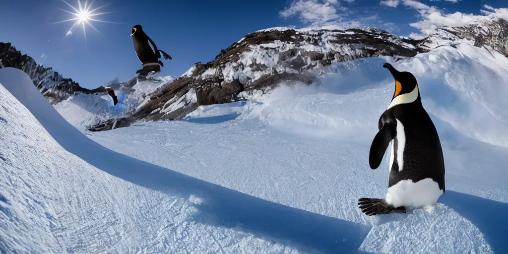 Image similar to ultrawide angle, high speed sporting photography of a penguin on a snowboard in the halfpipe winning the olympic medal, extremely detailed, 8 l