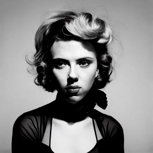 Image similar to photo of Scarlett Johansson by Diane Arbus, black and white, high contrast, Rolleiflex, 55mm f/4 lens