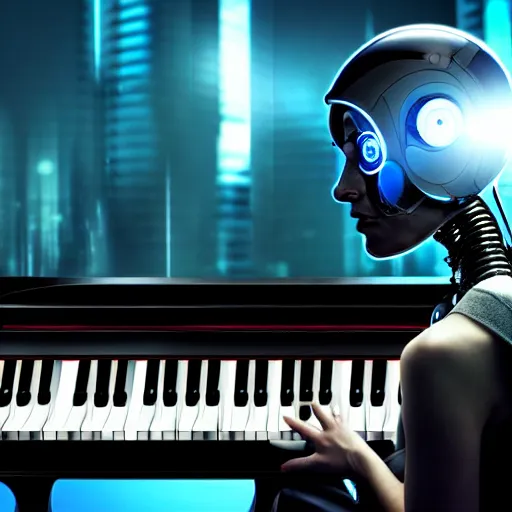 Prompt: a cyborg playing the piano in a futuristic apartment, award winning art, 4k, highly detailed, sharp focus, cinematic lighting, smooth