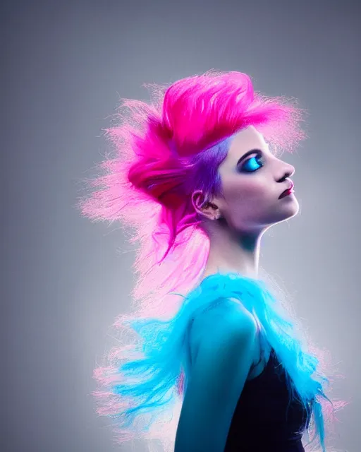 Image similar to a dramatic lighting photo of a beautiful young woman with cotton candy hair. blood splashes with a little bit of cyan and pink