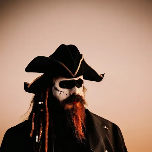 Prompt: portrait photo of a pirate lord wearing black hat, black coat and a skull mask, long black beard and long black hair, dramatic cinematic lighting, movie scene, dslr photo, depth of field