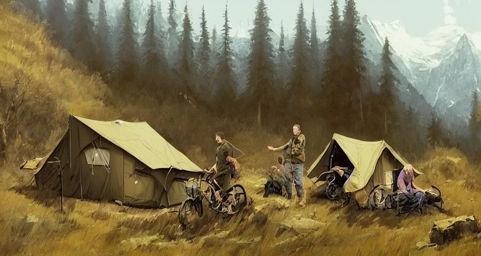 Image similar to cabela's beautiful comfortable carbon framed, military grade, modular insulated wall portable container home kit - house all weather family dwelling tent house, person in foreground, mountainous forested wilderness open fields, beautiful views, painterly concept art, environmental concept art, concept art illustration, by james gurney, by craig mullins, by greg rutkowski trending on artstation