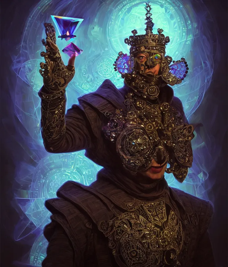 Image similar to front!!! shot of a court jester!!! character, hyperdimensional, bioluminescent hypercubes, dark holography!!!, future, chrome, (((intricate))), elegant, highly detailed, centered, (((artstation, concept art, smooth, sharp focus, artgerm, Tomasz Alen Kopera, Peter Mohrbacher, donato giancola, Joseph Christian Leyendecker, WLOP, Boris Vallejo))), ((raytracing)), mugshot!!!!!, ugly!!!!!!, octane render, nvidia raytracing demo, octane render, nvidia raytracing demo, octane render, nvidia raytracing demo, grainy, muted, 8K, digitalblasphemy, metatron