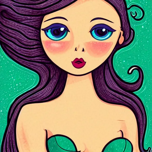 Image similar to Drawing of a mermaid with green eyes, nice round face, mermaid body, with childish style, highly detailed, vector digital painting svg