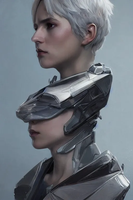 Image similar to science-fiction character portrait of Victor Nikiforov, short silver hair, tall, elegant, highly detailed, digital painting, artstation, upper body, concept art, smooth, sharp focus, illustration, art by artgerm and greg rutkowski and alphonse mucha