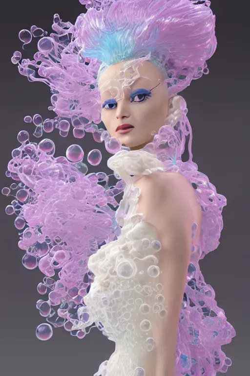 Image similar to an epic puerto rican non - binary model, subject made of white melting porcelain, mesh headdress, flowing dress, with cerulean and pastel pink bubbles bursting out, delicate, beautiful, intricate, melting into vulpix, houdini sidefx, by jeremy mann and ilya kuvshinov, jamie hewlett and ayami kojima, bold 3 d