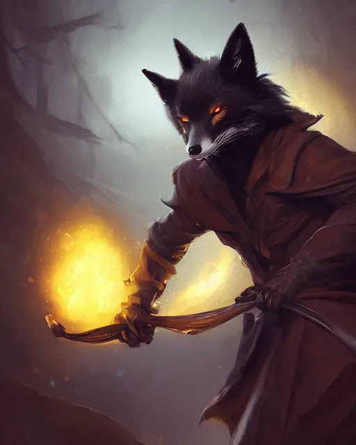 Image similar to oil painting of Anthropomorphized dark Fox thief, holding bag of gold coins, wearing dark cloak, mischievous look, full body, sharp focus, fantasy style, octane render, volumetric lighting, 8k high definition, by greg rutkowski, highly detailed, trending on art Station, magic the gathering artwork, dark city backround